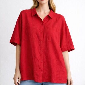 Women's Red Cotton Button-Up Shirt